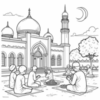 Mosque With Ramadan Theme Coloring Page