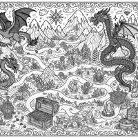 Fantasy Map With Dragons Magic And Treasure Coloring Page