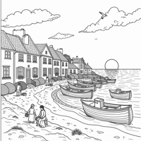 A Quaint Coastal Village At Sunset Featuring A Row... Coloring Page