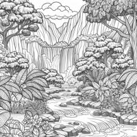 Waterfalls In A Green Miraculous Forest Coloring Page