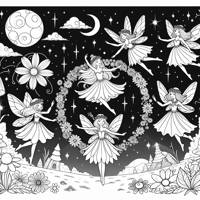 Beautiful Faeries Are Flying And Dancing Around A... Coloring Page