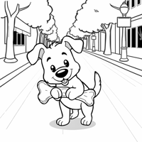 A CREATIVE DOG HOLDING A BONE IN THE STREET Coloring Page