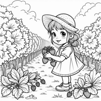 Little Girl Picking Strawberries In The Orchard Coloring Page