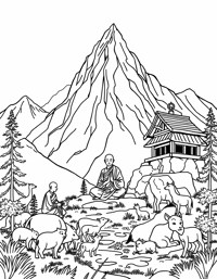 A Detailed Scene Of A Mountain Retreat Where Monks... Coloring Page