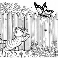 A Cat Chasing A Butterfly On A Fence Coloring Page