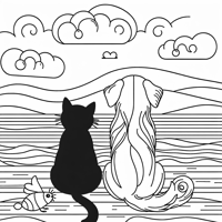 A Cat With Dog And View The Sea Coloring Page
