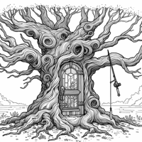 Old Oak Tree That Has A Glass Door In The Trunk... Coloring Page