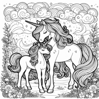 Unicorn With Her Baby Unicorn Coloring Page