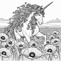 Majestic Unicorn In A Field Of Poppies Coloring Page