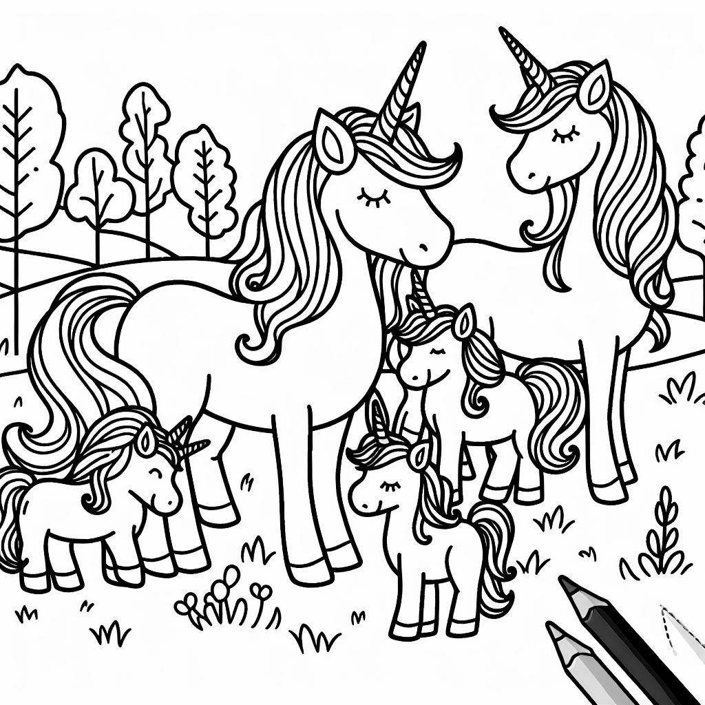 A Unicorn Family Coloring Page