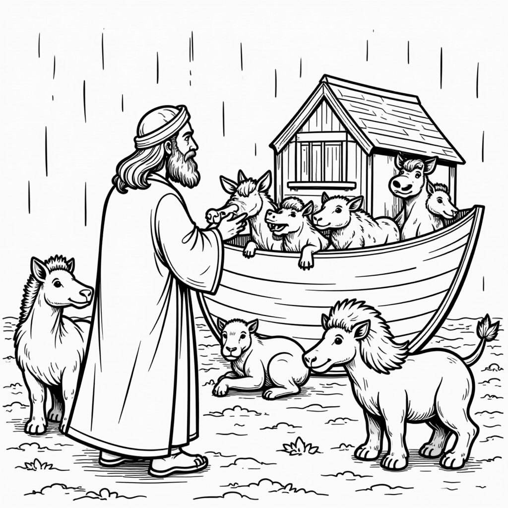 Noahs ark all aboard noah waves happily as a coloring page