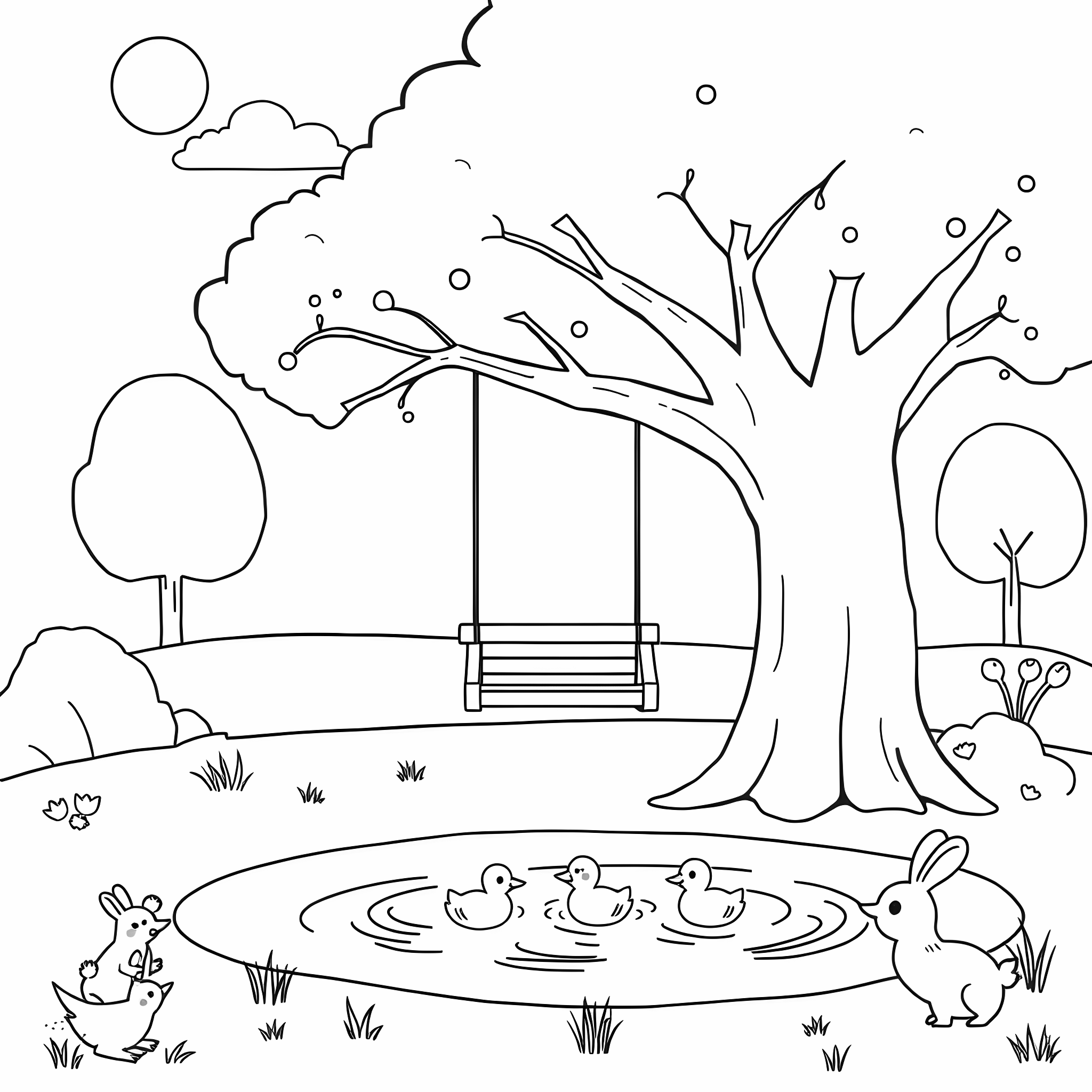 Create a simple and cheerful scene featuring a coloring page